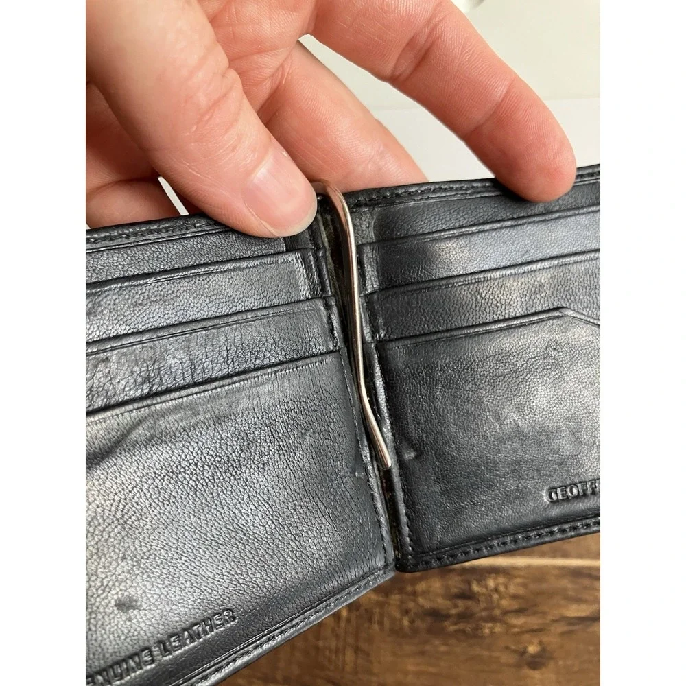 Geoffrey Beene Black Genuine Leather Money Clip Wallet Slim Bifold Card Holder